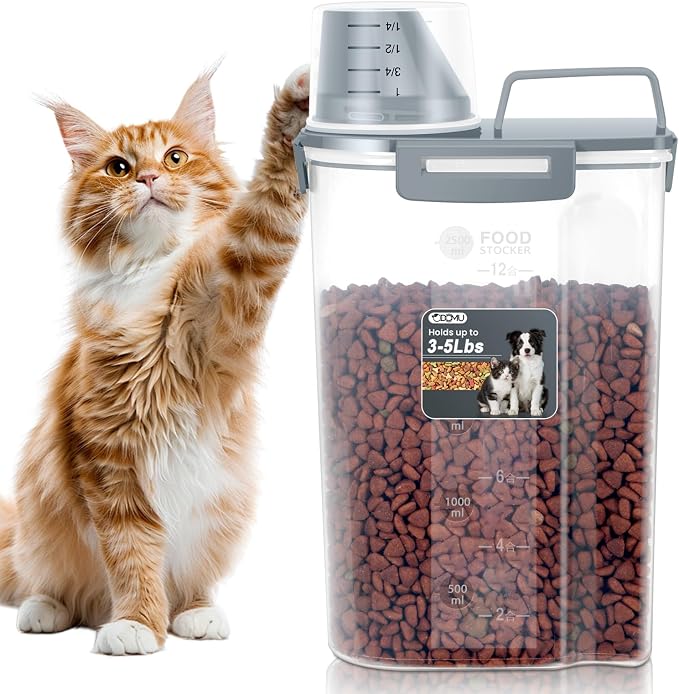 Dog Cat Food Storage Container, Pet Food Pourable Container Airtight with Large Spout & Cup, BPA-Free Plastic Food Dispenser for Pet Food, Bird Seed, Rice, Flour (Dark Gray, 2.5L)