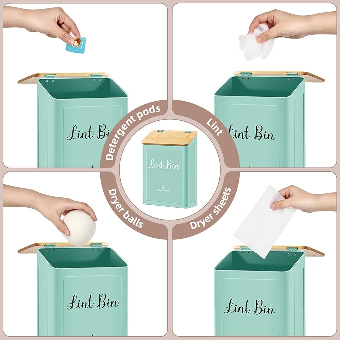 Magnetic Lint Bin for Laundry Room Organization and Storage,Light Green | Wall Mounted Metal Lint Box Holder Trash Can with Bamboo Lid for Dryer,Lint Basket for Laundry Room Decor