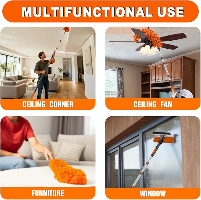 SISUPASSIE 20FT Reach High Ceiling Duster Kit, Window Cleaning kit with 3-12FT Extension Pole, Fan Duster for Ceiling Fan Blades, Microfiber Feather Duster, Rotatable Window Squeegee and Cobweb Duster