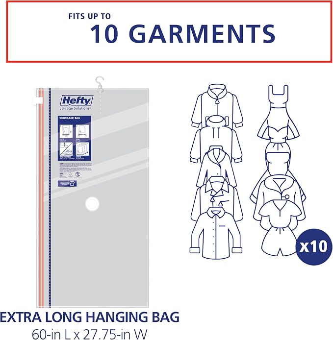 Hefty Hanging Compression Bags 3 Extra Long Vacuum Garment Storage Bags for Clothes, Travel, Closet Organization (60 X 27 Inches) (X-Large)