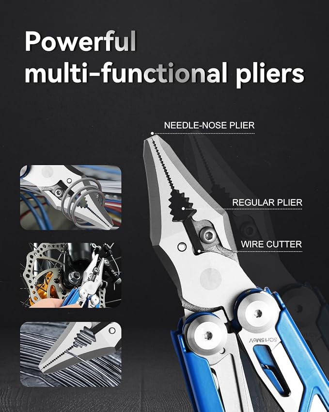 Pocket 15-in-1 Multi tool Pliers with Safety-Lock and Sheath (Blue) | EDC Pocket Knife,3mm Wire Cutter, Saw,Bottle Opener, Screwdriver, Must-have for Survival and Out-door, Gifts for Men