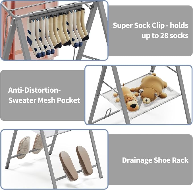 APEXCHASER 6 Height Adjustable Clothes Drying Rack with Shoe Slots, Grey | Pre-Assembled, Stable Load Structure, 22 Drying Rails, Foldable Space-Saving For Efficient Indoor & Outdoor Airflow Drying