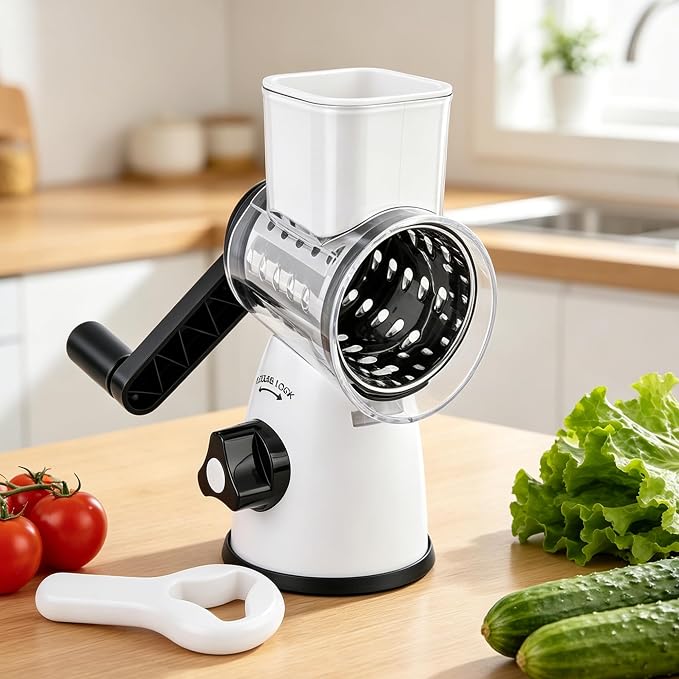 SUSTEAS Rotary Cheese Grater, Cheese Shredder with 3 Interchangeable Blades | Stainless Steel Kitchen Mandoline Vegetable Slicer , Stable Suction, Easy to Clean Grater Slicer for Vegetables, Nuts, White