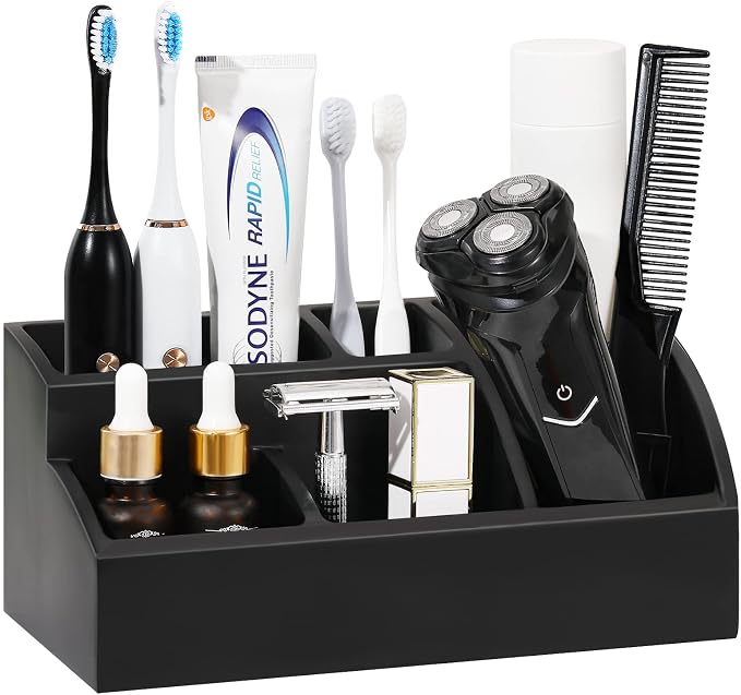 Luxspire Bathroom Counter Organizer, 5 Slots, Matte Black | Toothbrush Holder for Bathroom, Marble Bathroom Accessories for Toothbrush Toothpaste