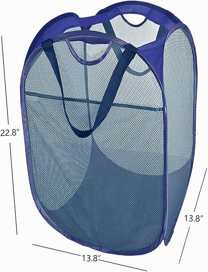 HOUSE AGAIN 2Pack Strong Mesh Pop Up Laundry Hamper, 70L Collapsible Laundry Basket with Steel Frame, Double‑Stitched Handles & Side Pocket, Foldable Dirty Clothes Hamper for Dorm, Bedroom, Blue