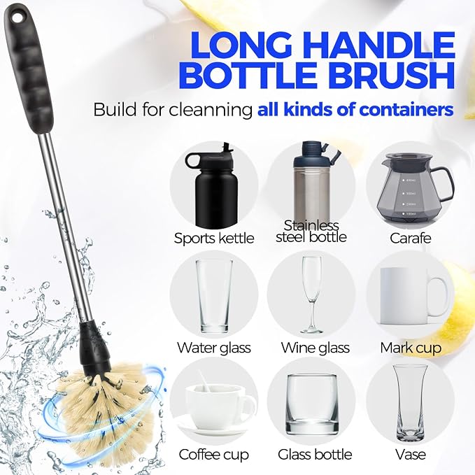 Holikme 6 Pack Bottle Brush Tube Set, 14" Long Handle Stainless Steel Bottle Cleaner Brush, 3 Straw Brushes, Portable 3-in-1 Bottle Cleaning Brush for Water Bottle Cups Baby Bottle Straws, Yellow
