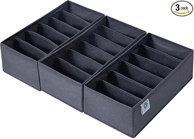 Qozary 3 Pack Sock Underwear Drawer Organizer Dividers, Non-Woven Fabric Collapsible Cabinet Closet Storage Boxes for Clothes, Socks, Lingerie, Underwear, Tie, Belt, Baby, Bedroom (Gray, 6 Cells)