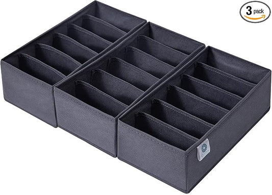 Qozary 3 Pack Sock Underwear Drawer Organizer Dividers, Non-Woven Fabric Collapsible Cabinet Closet Storage Boxes for Clothes, Socks, Lingerie, Underwear, Tie, Belt, Baby, Bedroom (Gray, 6 Cells)