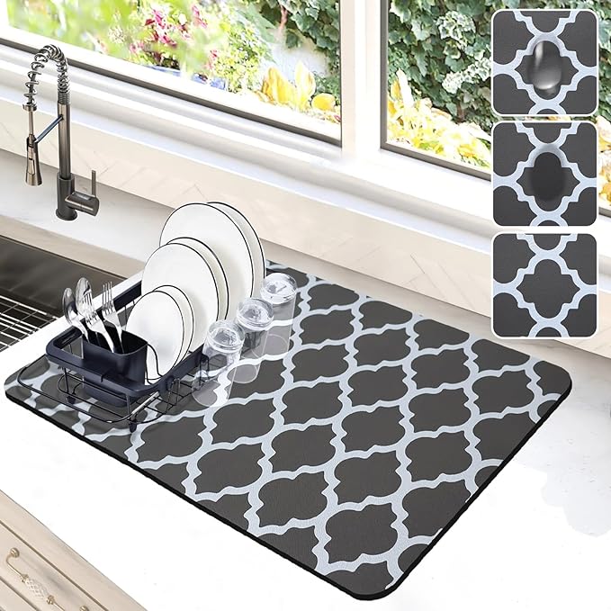 Dish Drying Mat for Kitchen Counter, 12"x19" Dish Drying Pad with Non-slip Rubber Backed, Hide Stain Anti Absorbent for Kitchen Counter, Drying Mat for Coffee Machine Dish Rack (Gray Trellis)