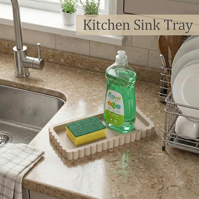 Small Silicone Bathroom Vanity Tray, Sink Caddy for Dish Soap Dispenser, Sponge Holder for Kitchen Sink, Rectangle Bathroom Countertop Organizer for Perfume, Jewelry, Candle (7.9” * 4”, Khaki)