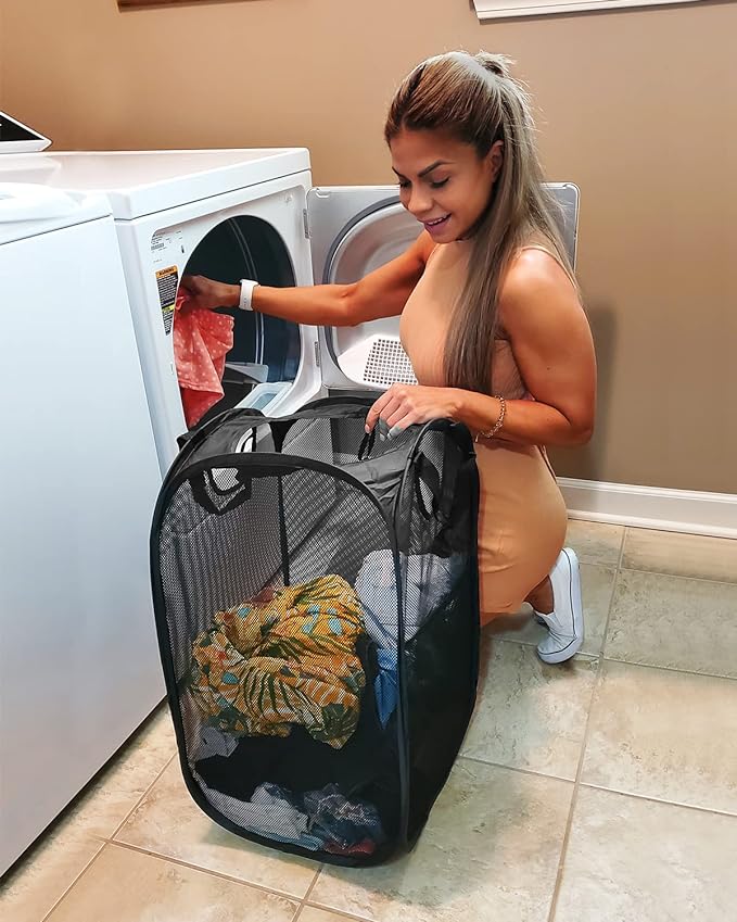 HOUSE AGAIN 2 Pack Strong Mesh Pop Up Laundry Hamper, 70L Collapsible Laundry Basket with Steel Frame, Double‑Stitched Handles & Side Pocket, Foldable Dirty Clothes Hamper for Dorm, Bedroom, Black