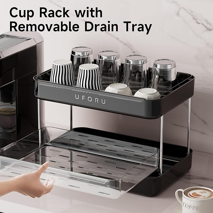 UFORU Countertop Coffee Station Organizer,Cup Rack,Mug & Wine Glass Holder | 2-Tier Black Mug Shelf with Removable Drain Tray,Bathroom Countertop Organizer,Spice Rack for Kitchen