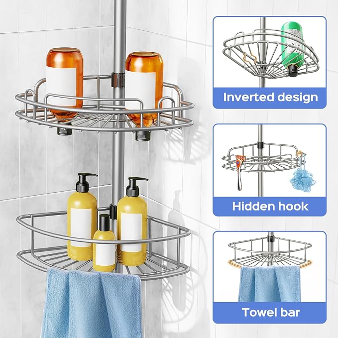 HAMITOR Shower Caddy Tension Pole: 4-Tier Corner Rustproof Bathroom Organizer - No-Drill Adjustable Shower Shelf for Renters - Floor to Ceiling Family Apartment Storage Rack - 47-121 Inch Silver Gray