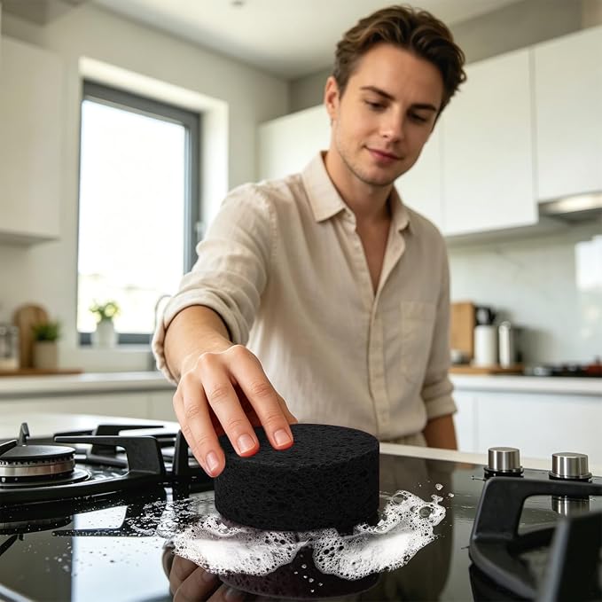 3-Pack Large Sponge, Kitchen Sponges, Handy Sponges, Cellulose Sponges, Dish Washing Sponge, Natural Sponge, Car Washing Sponge, Eco Friendly Sponge (Round, 4" X 4" X 2"), Black