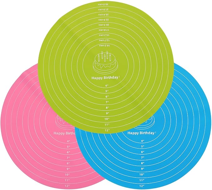 3Pcs 12 Inch Round Silicone Cake Mat with Measurements, Non-Stick Baking Mat for Cake Turntable, Dough Rolling, Cookies & Pizza, Heat Resistant Reusable Pastry Pad(Blue+Pink+Green)