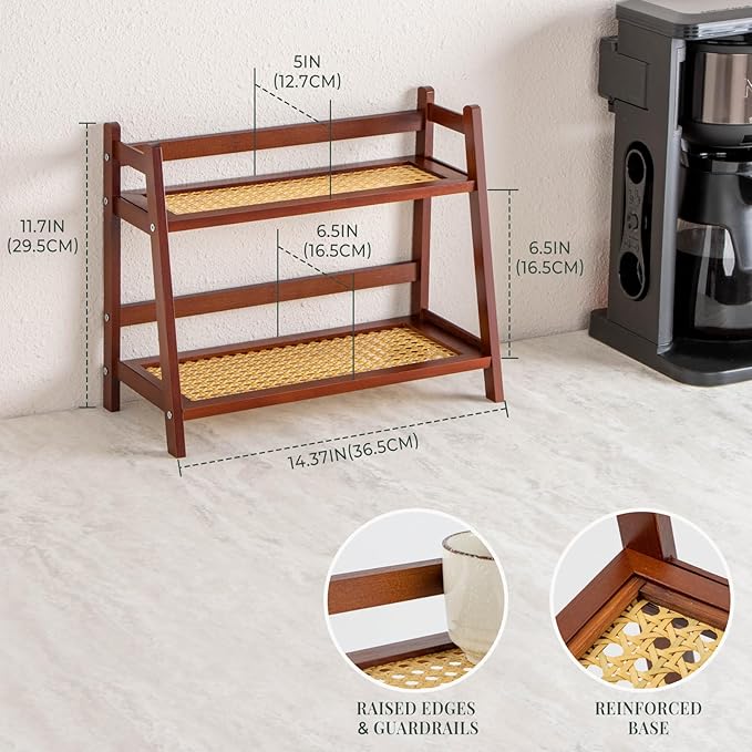 ANBOXIT Matcha Station Organizer, Countertop Bamboo Coffe & Tea Station | Rattan-Look 2 Tier Mug Holder Display Stand for Kitchen Condiment, Coffee Accessories, Home, Office - Brown