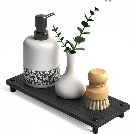 Quick Dry Sink Caddy Kitchen Sink Organizer, Water Absorbing Stone Tray for Sink, Stone Drying Tray, Diatomite Faucet Mat & Protector, Dispenser Sponge Holder, Stone Soap Tray for Bathroom Counter