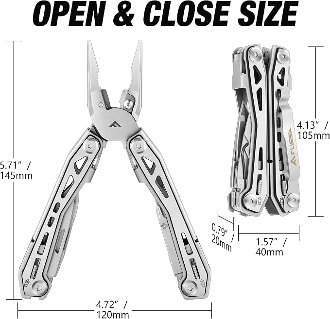 FLISSA 16-In-1 Multi Tool, EDC Multitool, Silver | Gift for Men, Stainless Steel, Pocket Knife, Pliers, Belt Clip, Oxford Sheath, Safety Locking, For Camping, Outdoor