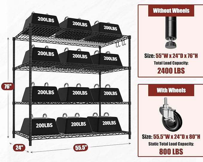 PrimeZone 3 Packs 55.5" W x 24" D x 80" H Heavy Duty Wire Storage Shelves with Wheels, 4 Tier Adjustable NSF Commercial Garage Shelving Unit, Rolling Metal Organizer Shelf Rack for Warehouse, Pantry