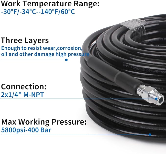 NAMOTEK Sewer Jetter Kit for Pressure Washer 50FT Drain Cleaner Hose 5800PSI NPT 1/4 Inch Hose Button Nose and Rotating Sewer Jetting Nozzle, Orifice 4.0, 4.5