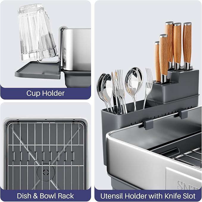 SNTD 304 Stainless Steel Dish Drying Rack for Small Kitchen Counter, Grey | Rustproof, Large Capacity, Heavy-Duty Frame, Rotating Spout, Angled Drainboard, Removable Cup & Utensil Holder