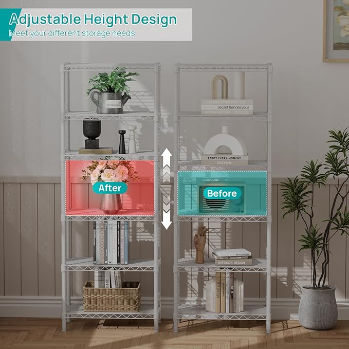 SINGAYE 6 Metal Shelves Wire Shelving Storage Shelf Adjustable Unit Pantry | 6 Tier Kitchen Laundry Room Organization Home Pantry Closet Bathroom Organizers Garage Rack 12" D x 22" W x 69.5" H White