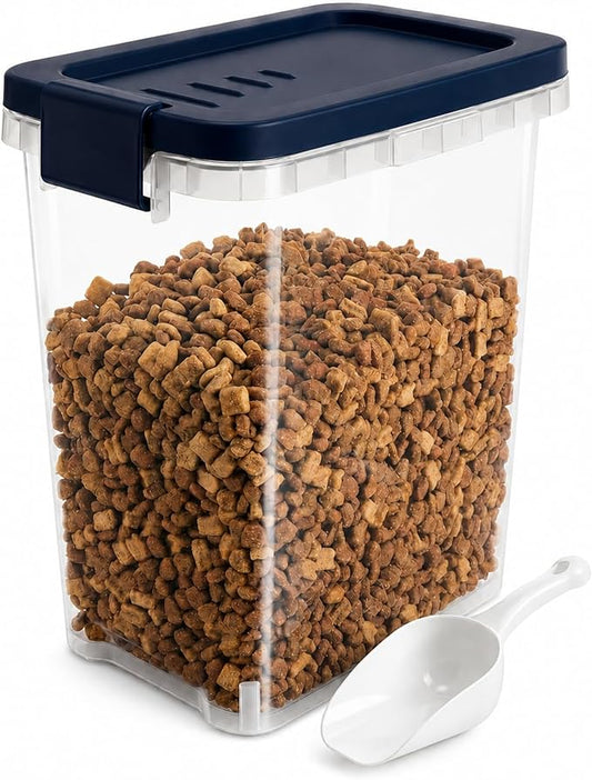 5-10 Lbs Airtight Cat Dog Food Storage Container, 8QT Compact Pet Food Bin | Plastic Food Container with Buckle-Lock Lid & Scoop for Dog, Cat, Bird Seed, Pet Food, Chicken, Dry Food, Rice, Cereal, Flour