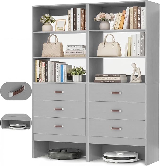Armocity 4FT Closet System with Leather Handles, 48" Walk-in Closets Storage Unit with Cabinet, Wood Wardrobe Closet Organizer and Storage with 6 Drawers, Set of 2, Grey