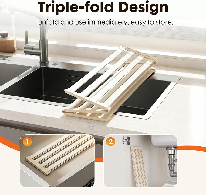 Foldable Over Sink Dish Drying Rack, Extra Wide & Thick Rust-Proof Aluminum Sink Cover for Counter Space, Collapsible Dish Drying Rack Fits Most Kitchen Sinks (White, 20.5“x13.6)