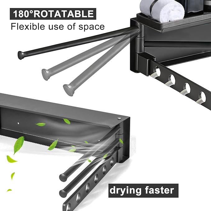 Aluminum Wall Mounted Foldable Swinging Clothes Drying Rack 50lbs Load | Space-saving folding towel rack with free swing design, sturdy aluminum structure holds up to 50 lbs for daily laundry