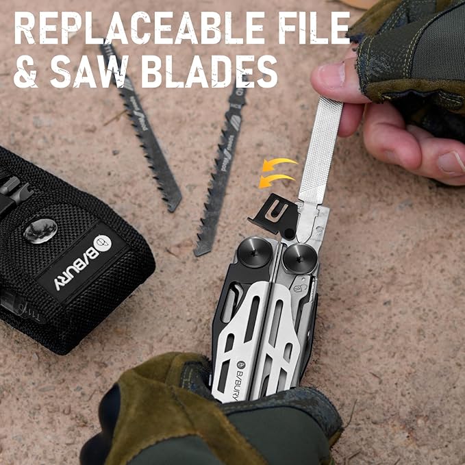 BIBURY Multitool Pliers with 440A Knife & Full Size Scissors, BI2045B | 31-in-1 Multi Tool with Replaceable Wire Cutters, Self-locking EDC Tool with Sheath, Ideal for Outdoor, DIY, Gift for Men