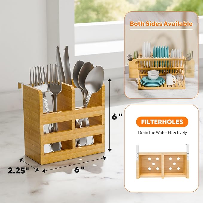 Simple Trending Bamboo Dish Drying Rack, 3 Tier with Utensil Holder | Collapsible Dish Rack, Large Foldable Dish Drainer for Plates, Cups, Bottles, Utensils, Kitchen Counter, Space Saving