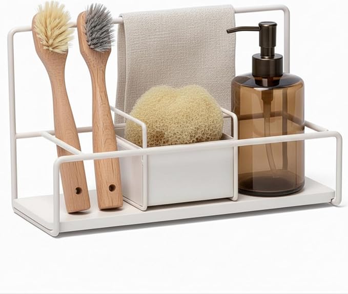 LIBKEN Kitchen Sponge Holder with Drying Stone – Warm Grey Powder Coated Metal Sink Caddy – Minimal Scandinavian Design Sponge Rack for Kitchen Sink Organization & Elegant Countertop Storage