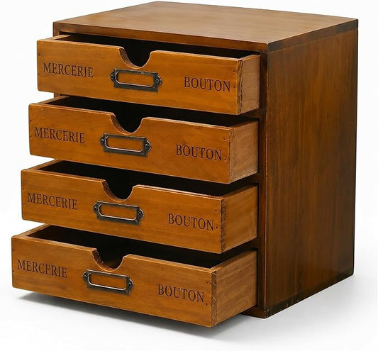 Modular Stackable Apothecary Cabinet 4 Drawer Desk Organizer - Retro Library Card Catalog Wood Storage Box - Organize Stationery, Thread Embroidery, Sewing, Crafts, Junk Drawer & Supplies Countertop