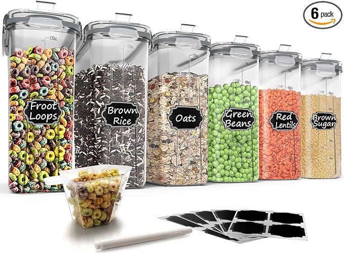 Wildone Cereal Storage Containers Set, Large BPA Free Plastic Airtight Food Storage Containers 4L /135.3oz for Flour, Sugar, 6 Piece Set Cereal Dispensers with 20 Labels & Marker, Grey