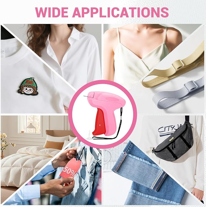 Stitch Gun for Clothes - Handheld Quick Clothing Fixer - Tagging Gun for Clothing, Sewing Kit - Includes 6 Fine Needles, 1000 White & 1000 Black Fasteners (Pink Red)