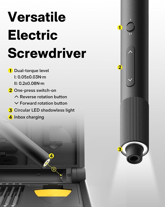 HOTO Precision Screwdriver Set, Repair Kit/w 26 Bits and 10 Repair Tools | 110° Upright Workpad, 0.05/0.2 N·m Torque, LED Light, for Electronics, Phones, Laptops