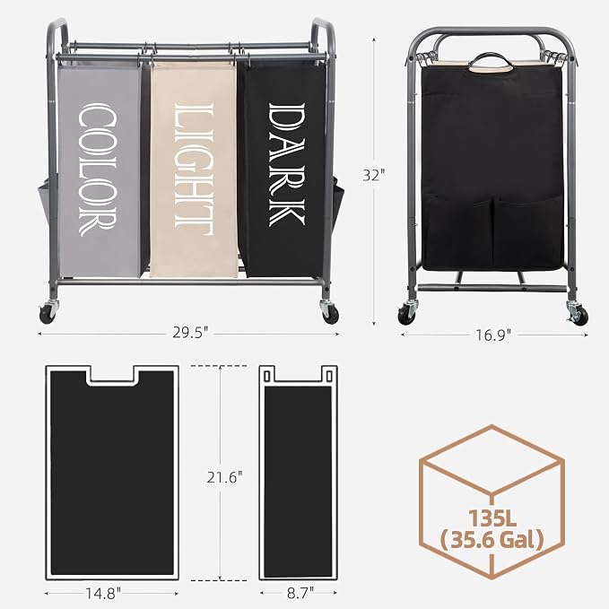 STORAGE MANIAC 3 Section Laundry Sorter, 35.6 Gal (135 L) Laundry Hamper Cart with Heavy Duty Rolling Lockable Wheels and Removable Bags, Clothes Organizer Basket Separator Hamper, Multicolored