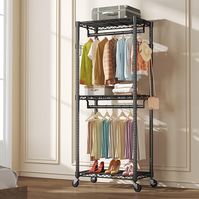 NEWBULIG Heavy Duty Clothing Rack with Wheels, 3-Tier Adjustable Wire Garment Rack, Metal Freestanding Closet Organizer System with Double Hanging Rods & 8 Side Hooks, 29" x 15" x 75", Black