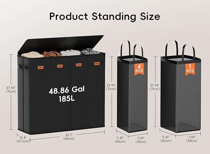185L Laundry Hamper 4 Section with Lid | 4 Removable Bags + 1 Extra Large Bag, Switchable 3/4 Compartment, Laundry Basket Organizer for Bedroom, Laundry Room
