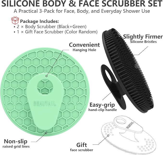 Silicone Body & Face Scrubber Set 3 Pack, BEAUTAIL Gentle Shower Scrubber | Hygienic Silicone Loofah, Easy-Grip Handle, Soft Exfoliating Bath Brush for Sensitive Skin, Women, Men & Kids (Black+Green)