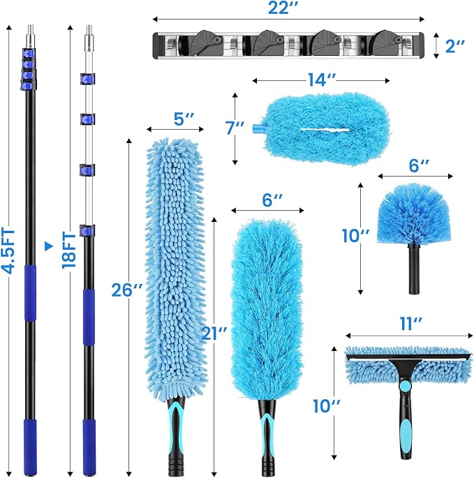 25ft High Reach Extendable Duster Kit with 4.5-18ft Extension Pole - Ceiling Fan Blade Cleaner, Spider Web Brush Cobweb Remover, Window Squeegee Kit with Telescoping Wand, Extended Extra Long Handle