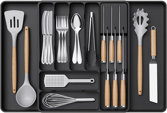 Lifewit Silverware Organizer for Kitchen Drawers, Expandable Utensil Tray with Removable Knife Block, Adjustable Cutlery and Flatware Holder, Plastic Spoon Forks Holder Storage Divider, Black
