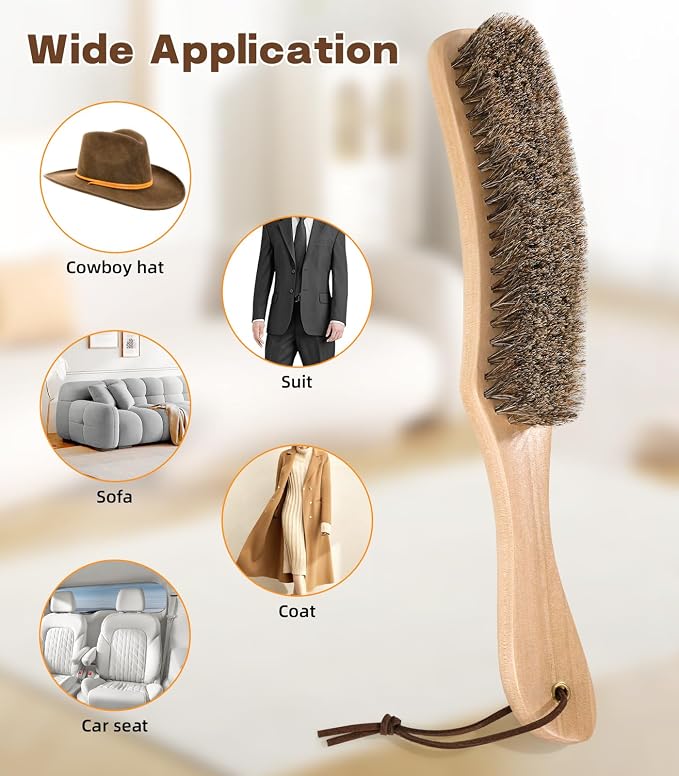 Cowboy Hat Brush Horsehair Cleaning Brush for Felt Hats Wool Suede Clothes | 100% Horsehair, Removes Dust, Lint, Pet Hair for Coats Suits Shoes Furniture Brim Edges Seams, with Wood Handle, Storage Bag