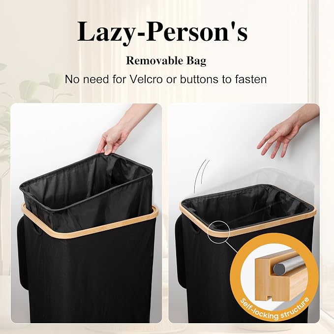 Foluck Large Laundry Hamper, 75L Waterproof Laundry Basket with Lid and Removable Bag, Collapsible Tall Clothes Hamper with Bamboo Handles for Clothes Toys in Dorm Bedroom Bathroom, Black