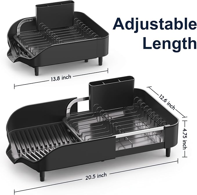 PULIDIKI Dish Drying Rack, Expandable Dish Rack for Kitchen Counter, Stainless Steel Dish Drainer with Utensil Holder, Kitchen Plate Organizer for Cup and Bottle