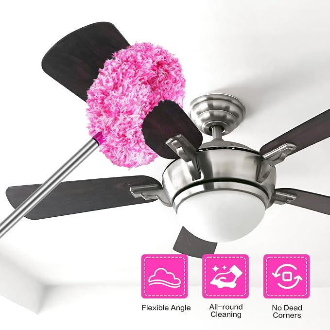 Ceiling Fan Cleaner Duster Reusable Microfiber Ceiling Fan Blade Cleaner Removable Duster with Extension Pole Adjusts 13 to 49.7 Inch for Cleaning Walls Furniture Door Window Top (Rosy White)