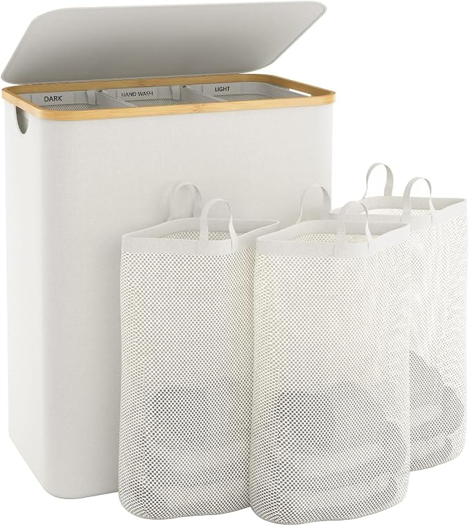 Hampers for Laundry Basket with Lid, 145L Large Laundry Hamper 3 Section | Dirty Clothes Hamper Separator with 3 Removable Bags & 5 Labels, Divided Laundry Organizer for Bedroom, Laundry Room, Beige