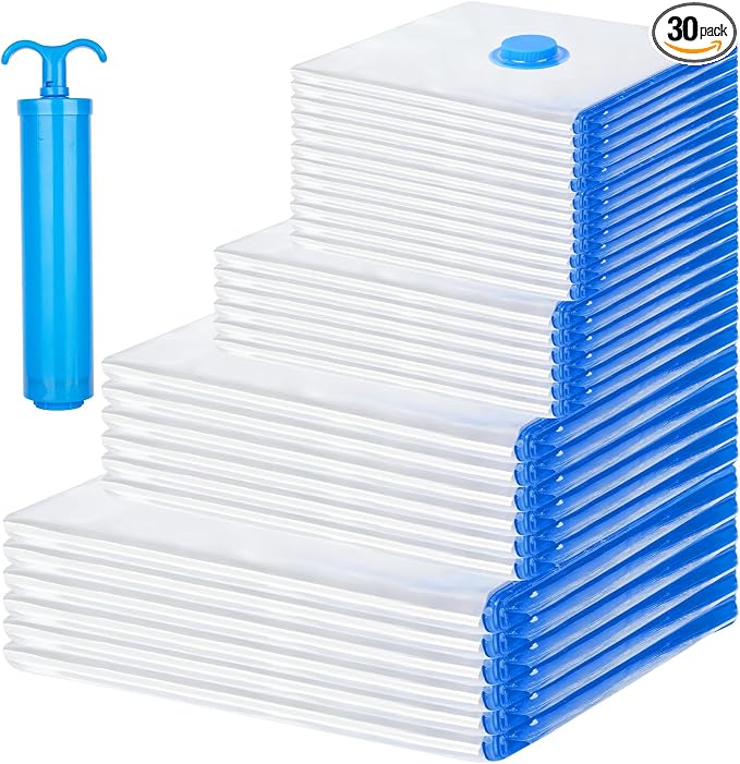 30 Pack Vacuum Storage Bags with Hand Pump, Compression Space Saver Vacuum Seal Bags 6 Jumbo/6 Large/6 Medium/6 Small/6 Roll Up Bags for Clothing Travel Comforters Blankets Pillows Bedding Duvets