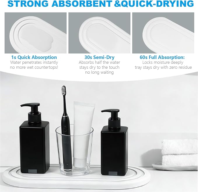 2PCS Water Absorbing Stone Tray, Quick Drying Diatomite Bathroom Tray, Drying Stone for Kitchen Counter, Soap Dish Dispenser Vanity Organizer